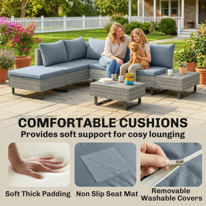 Outsunny 5 Seater Rattan Garden Furniture Set, L Shaped Garden Corner Sofa, Adjustable Back, Faux Wood Tables, Grey