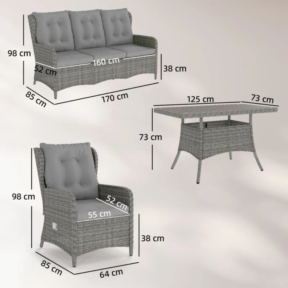 Outsunny 5 Seater Rattan Garden Furniture Set with Sofa, Reclining Chairs, Table, Patio Rattan Furniture Sofa Sets, Grey