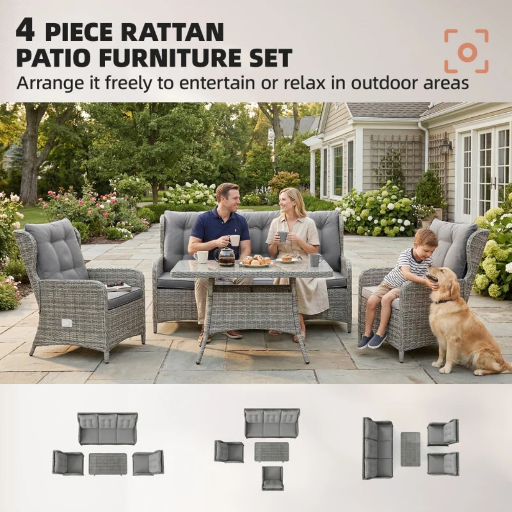 Outsunny 5 Seater Rattan Garden Furniture Set with Sofa, Reclining Chairs, Table, Patio Rattan Furniture Sofa Sets, Grey