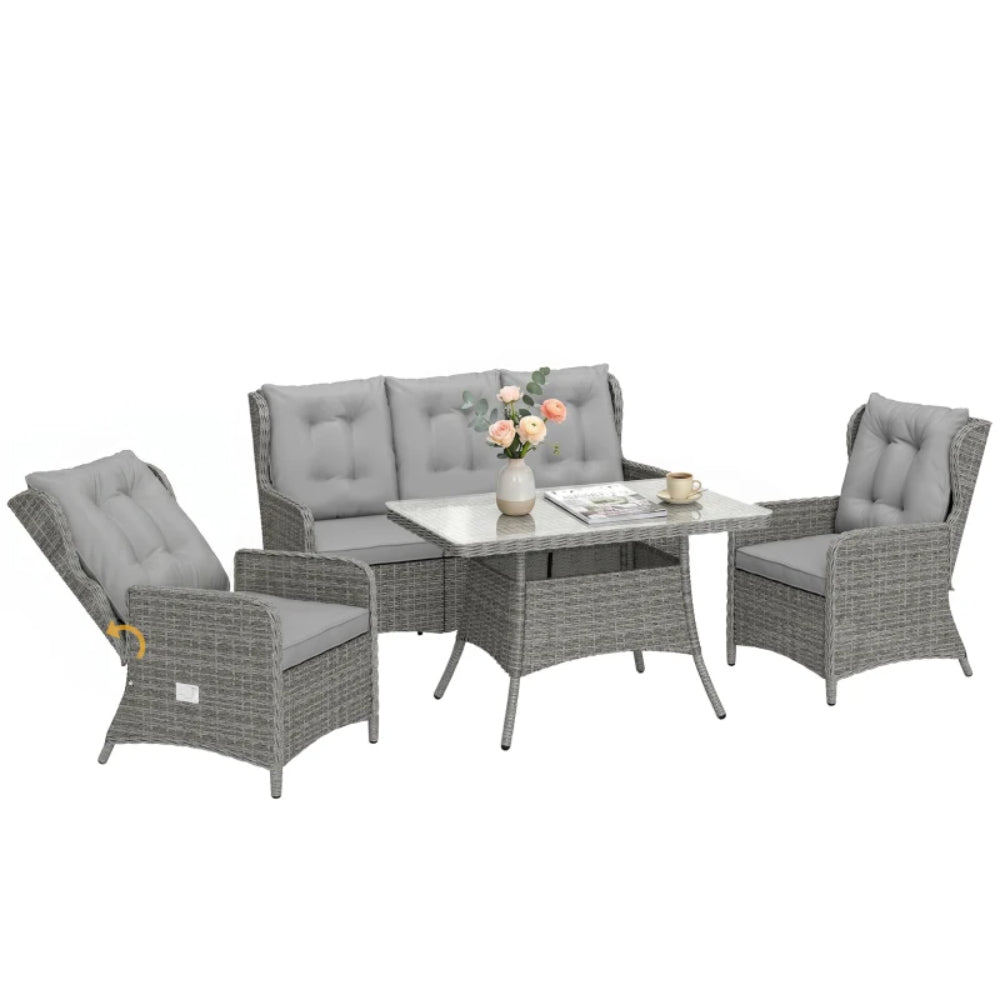 Outsunny 5 Seater Rattan Garden Furniture Set with Sofa, Reclining Chairs, Table, Patio Rattan Furniture Sofa Sets, Grey