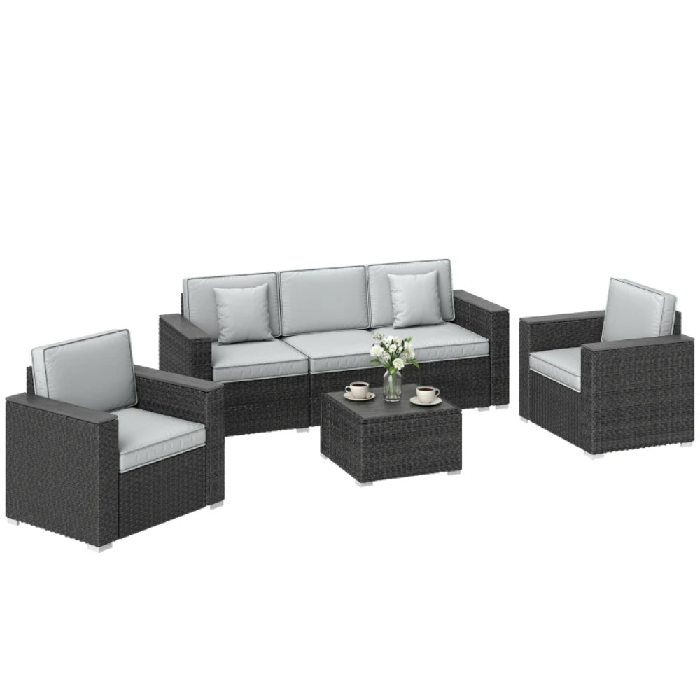 Outsunny 5 Seater Rattan Garden Furniture Set with Wide Armrests, Cushions, Pillows for Patio, Dark Grey