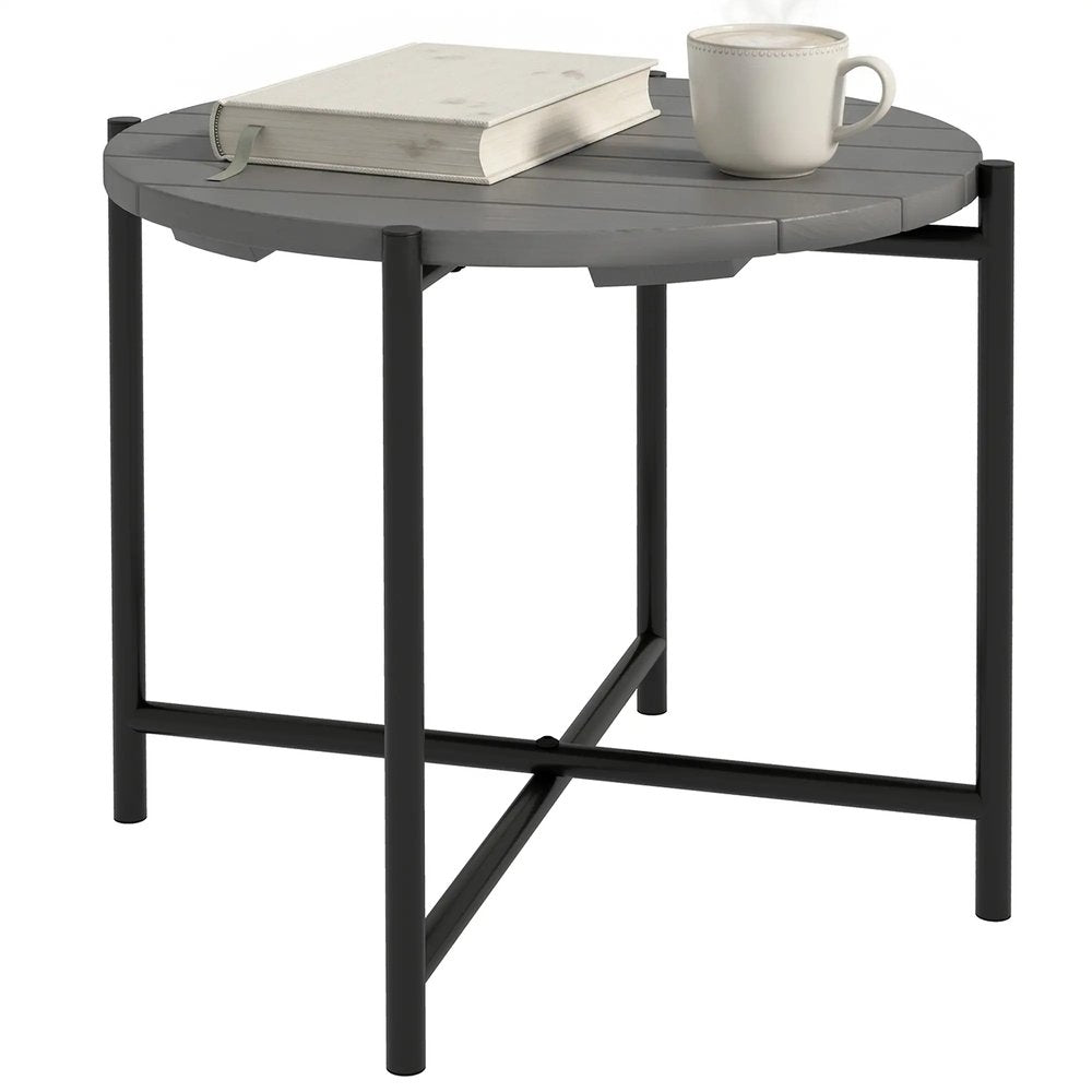 Outsunny 54 cm Round Outdoor Side Table, Industrial Small Garden Table with Slatted Wood Top and Metal Frame, Dark Grey 10
