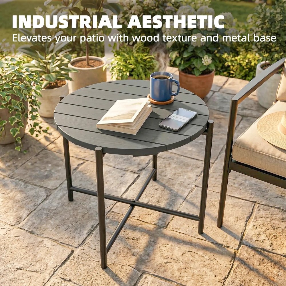Outsunny 54 cm Round Outdoor Side Table, Industrial Small Garden Table with Slatted Wood Top and Metal Frame, Dark Grey 3