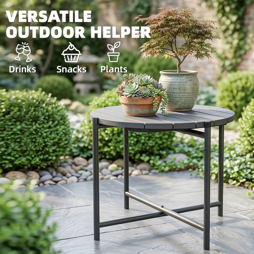 Outsunny 54 cm Round Outdoor Side Table, Industrial Small Garden Table with Slatted Wood Top and Metal Frame, Dark Grey 4
