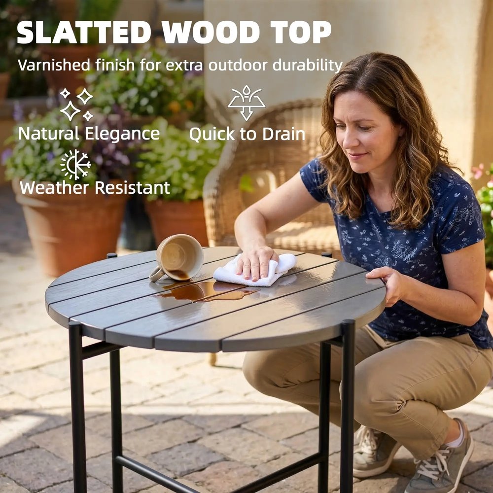 Outsunny 54 cm Round Outdoor Side Table, Industrial Small Garden Table with Slatted Wood Top and Metal Frame, Dark Grey 5