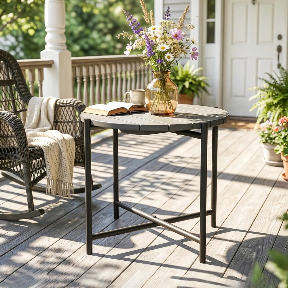 Outsunny 54 cm Round Outdoor Side Table, Industrial Small Garden Table with Slatted Wood Top and Metal Frame, Dark Grey 7