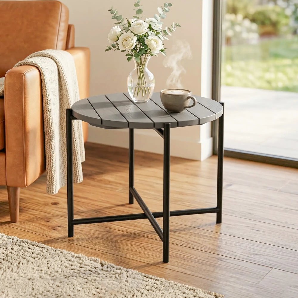 Outsunny 54 cm Round Outdoor Side Table, Industrial Small Garden Table with Slatted Wood Top and Metal Frame, Dark Grey 8