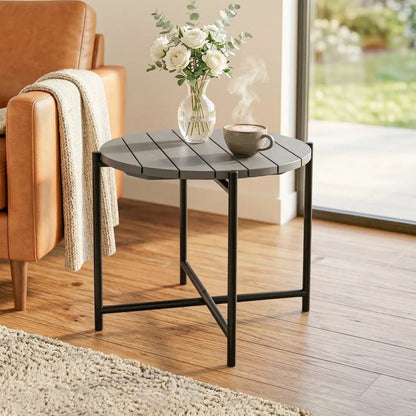 Outsunny 54 cm Round Outdoor Side Table, Industrial Small Garden Table with Slatted Wood Top and Metal Frame, Dark Grey 8