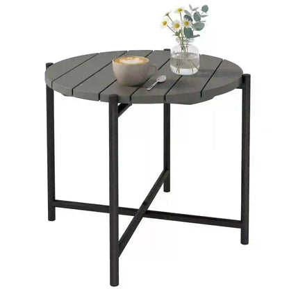 Outsunny 54 cm Round Outdoor Side Table, Industrial Small Garden Table with Slatted Wood Top and Metal Frame, Dark Grey 9