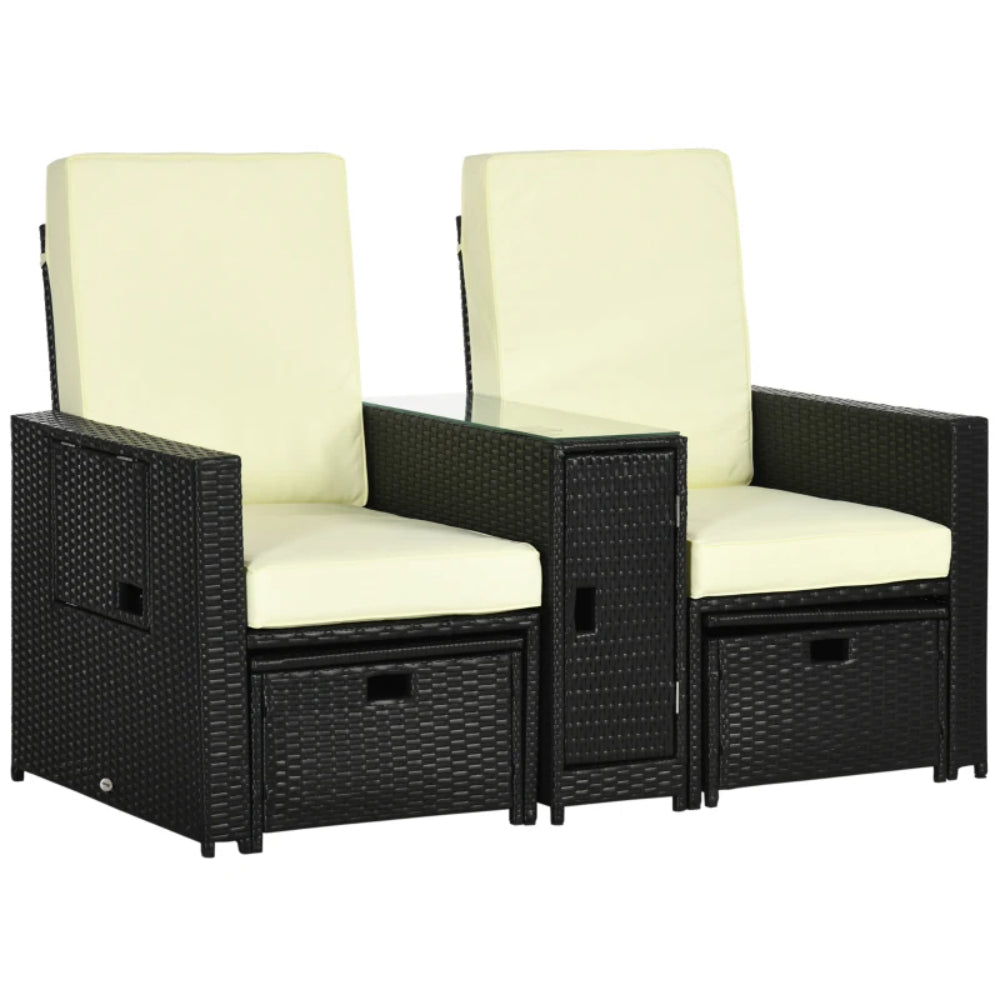 Outsunny 5PC PE Rattan Sun Lounger, 5-level Adjustable Recliner Sofa Bed with Storage Side Table and Footstools, Black