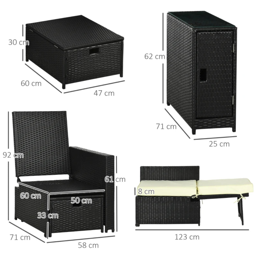 Outsunny 5PC PE Rattan Sun Lounger, 5-level Adjustable Recliner Sofa Bed with Storage Side Table and Footstools, Black