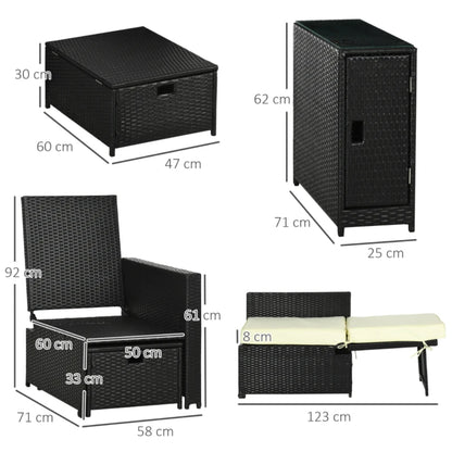 Outsunny 5PC PE Rattan Sun Lounger, 5-level Adjustable Recliner Sofa Bed with Storage Side Table and Footstools, Black