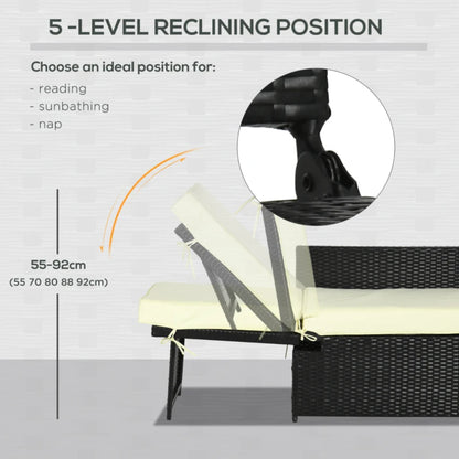 Outsunny 5PC PE Rattan Sun Lounger, 5-level Adjustable Recliner Sofa Bed with Storage Side Table and Footstools, Black