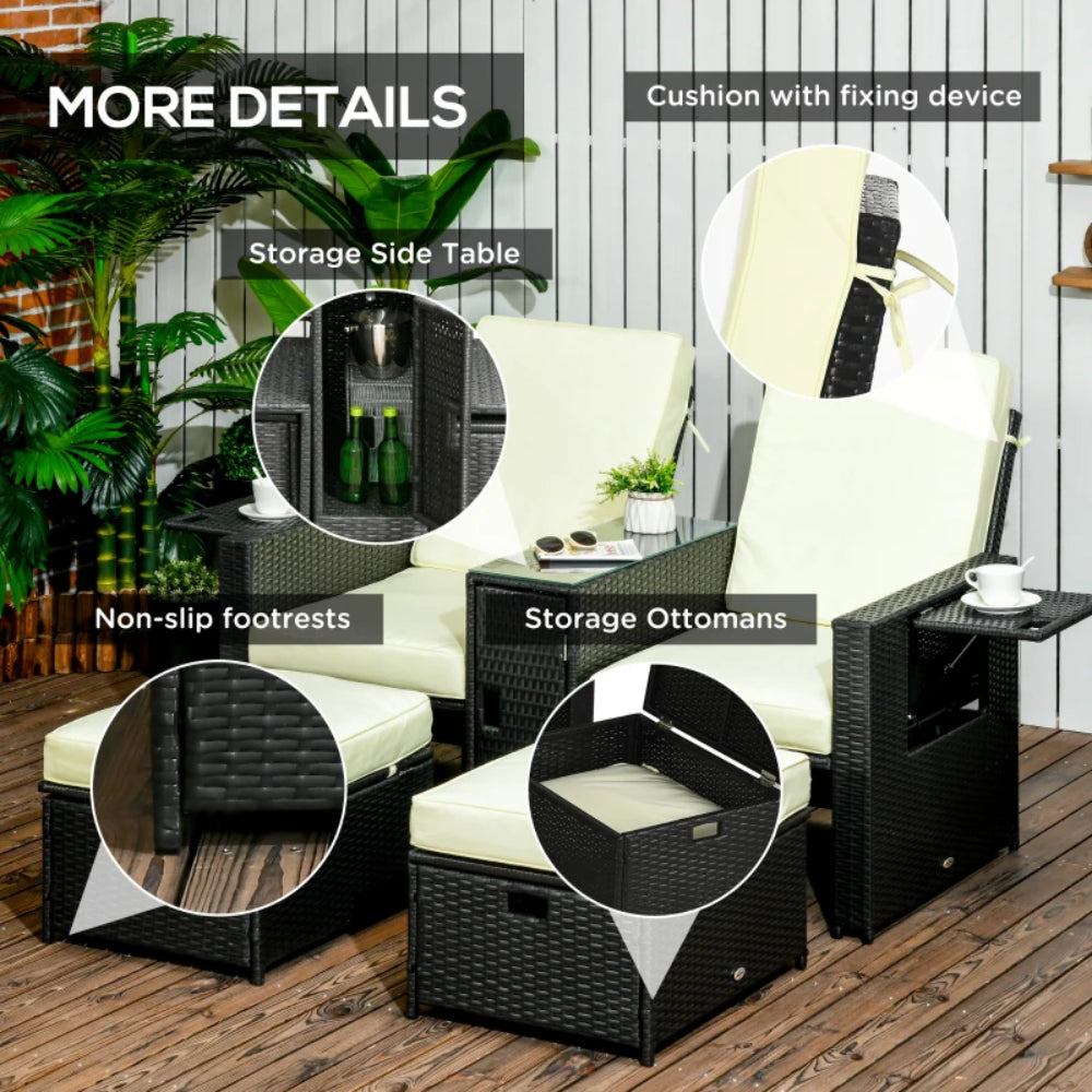 Outsunny 5PC PE Rattan Sun Lounger, 5-level Adjustable Recliner Sofa Bed with Storage Side Table and Footstools, Black