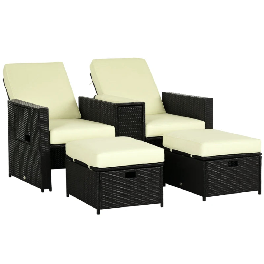 Outsunny 5PC PE Rattan Sun Lounger, 5-level Adjustable Recliner Sofa Bed with Storage Side Table and Footstools, Black