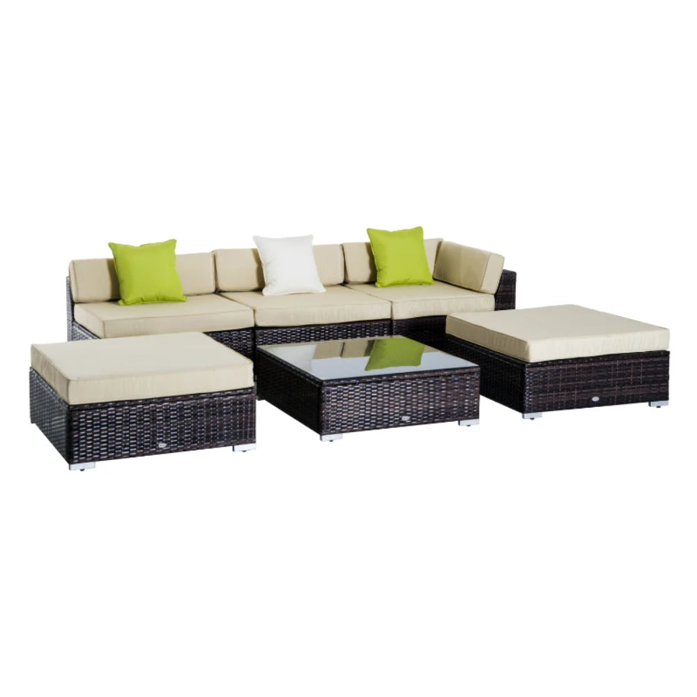 Outsunny 6 PC Rattan Sofa Coffee Table Set, Sectional Wicker Weave Furniture for Garden Outdoor Conservatory with Pillow Cushion, Brown