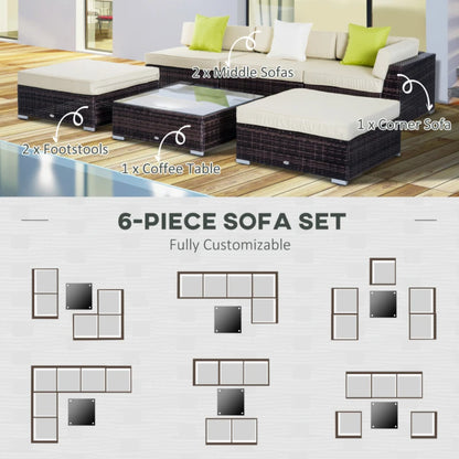 Outsunny 6 PC Rattan Sofa Coffee Table Set, Sectional Wicker Weave Furniture for Garden Outdoor Conservatory with Pillow Cushion, Brown