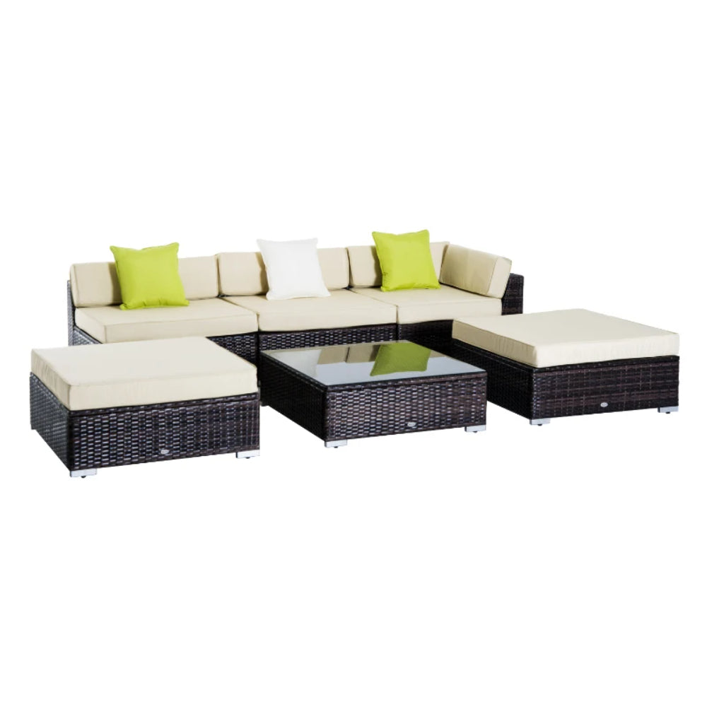 Outsunny 6 PC Rattan Sofa Coffee Table Set, Sectional Wicker Weave Furniture for Garden Outdoor Conservatory with Pillow Cushion, Brown