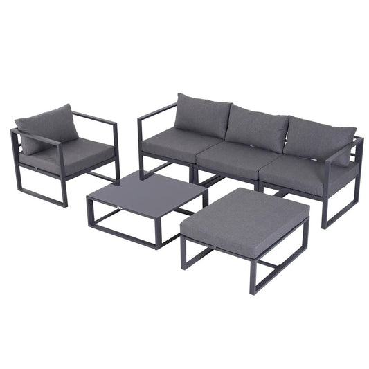 Outsunny 6 PCs Outdoor Indoor Sectional Sofa Set Thick Padded Cushions Aluminium Frame 5 Seaters 1 Coffee Table Footrest Grey 