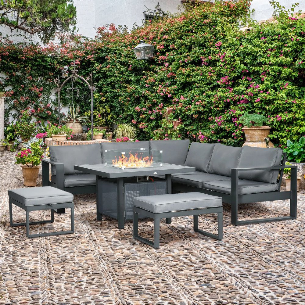 Outsunny 6-Piece Aluminium Garden Furniture Set with Fire Pit Table, Outdoor Dining Sofa Set with Cushions, Loveseats and Footstools, Sectional Corner Conservatory Furniture for Patio, Grey 1