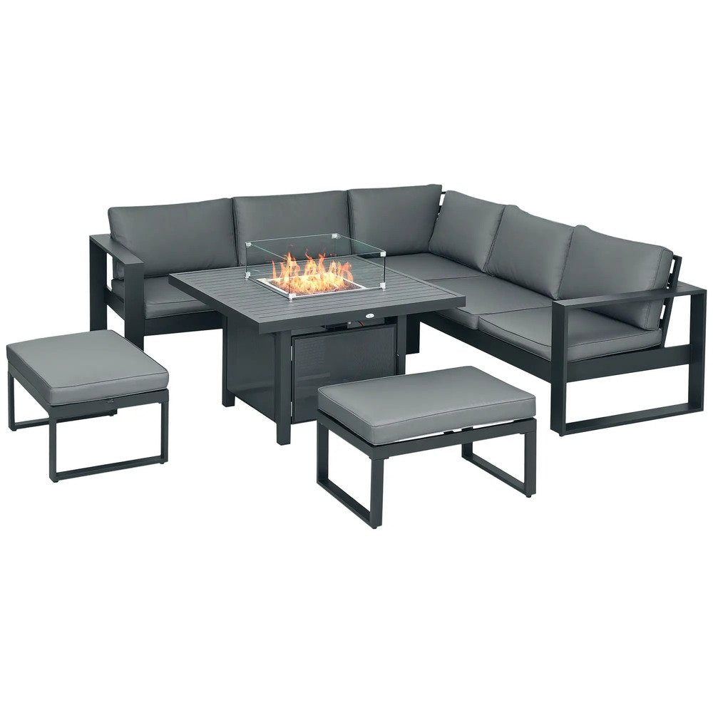 Outsunny 6-Piece Aluminium Garden Furniture Set with Fire Pit Table, Outdoor Dining Sofa Set with Cushions, Loveseats and Footstools, Sectional Corner Conservatory Furniture for Patio, Grey 11