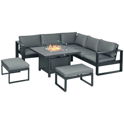 Outsunny 6-Piece Aluminium Garden Furniture Set with Fire Pit Table, Outdoor Dining Sofa Set with Cushions, Loveseats and Footstools, Sectional Corner Conservatory Furniture for Patio, Grey 11