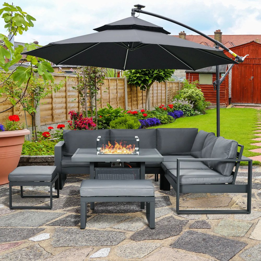 Outsunny 6-Piece Aluminium Garden Furniture Set with Fire Pit Table, Outdoor Dining Sofa Set with Cushions, Loveseats and Footstools, Sectional Corner Conservatory Furniture for Patio, Grey 10