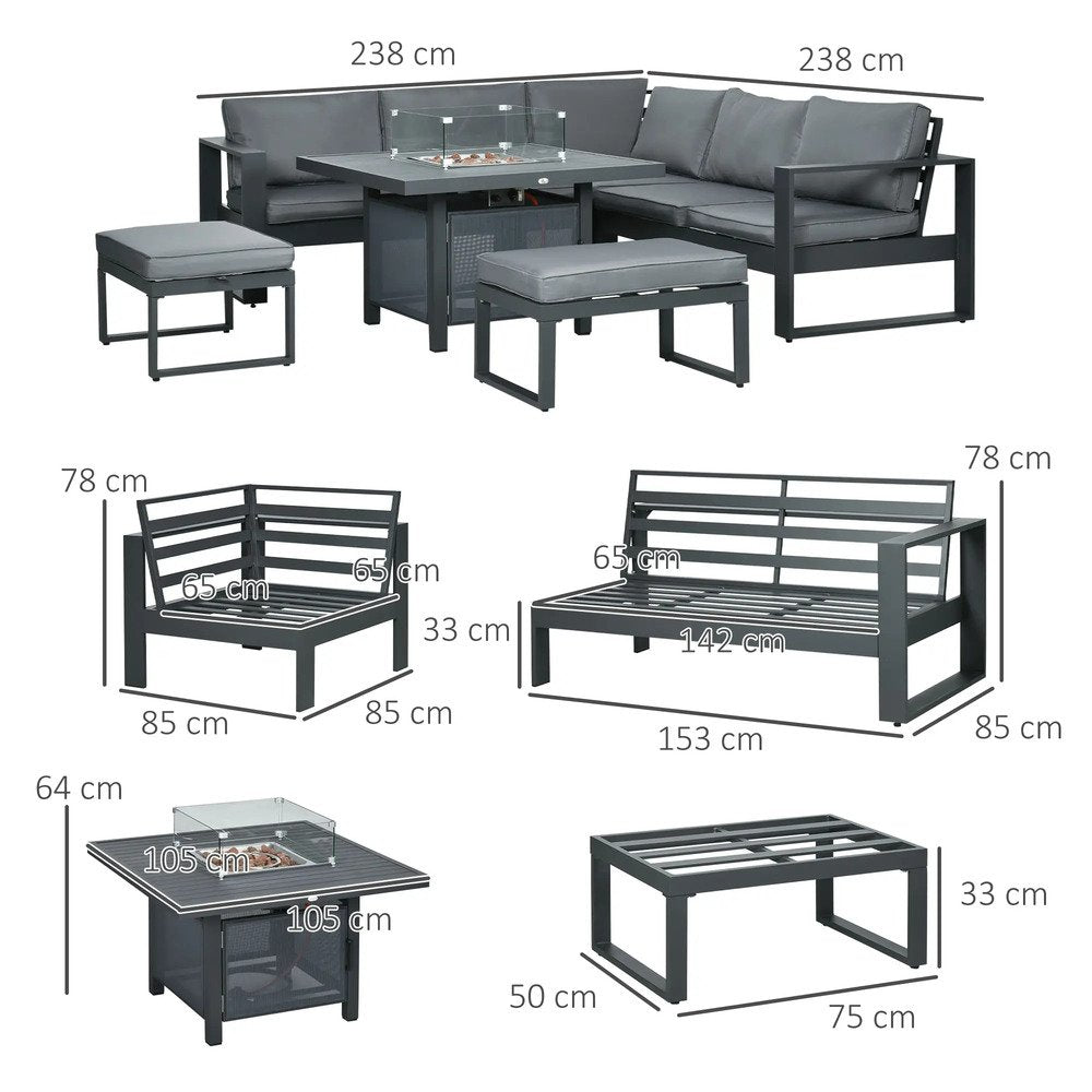 Outsunny 6-Piece Aluminium Garden Furniture Set with Fire Pit Table, Outdoor Dining Sofa Set with Cushions, Loveseats and Footstools, Sectional Corner Conservatory Furniture for Patio, Grey 2