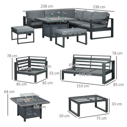 Outsunny 6-Piece Aluminium Garden Furniture Set with Fire Pit Table, Outdoor Dining Sofa Set with Cushions, Loveseats and Footstools, Sectional Corner Conservatory Furniture for Patio, Grey 2