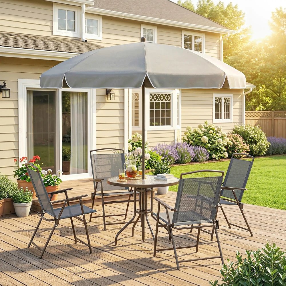 Outsunny 6 Piece Garden Dining Set with Umbrella, Patio Sets with Parasol, 4 Folding Dining Chairs, Dark Grey 1