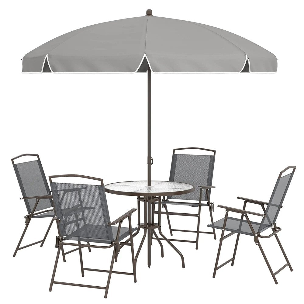 Outsunny 6 Piece Garden Dining Set with Umbrella, Patio Sets with Parasol, 4 Folding Dining Chairs, Dark Grey 10