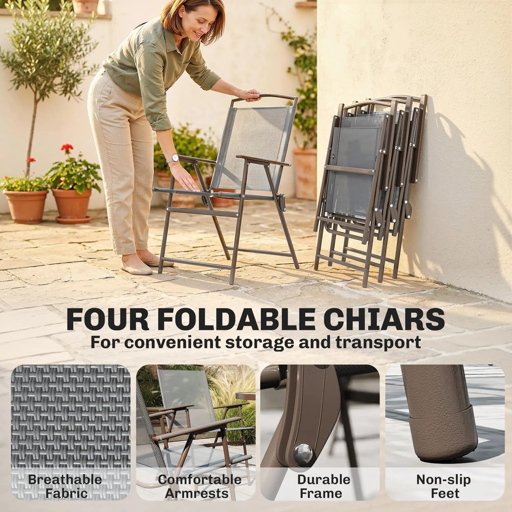 Outsunny 6 Piece Garden Dining Set with Umbrella, Patio Sets with Parasol, 4 Folding Dining Chairs, Dark Grey 4
