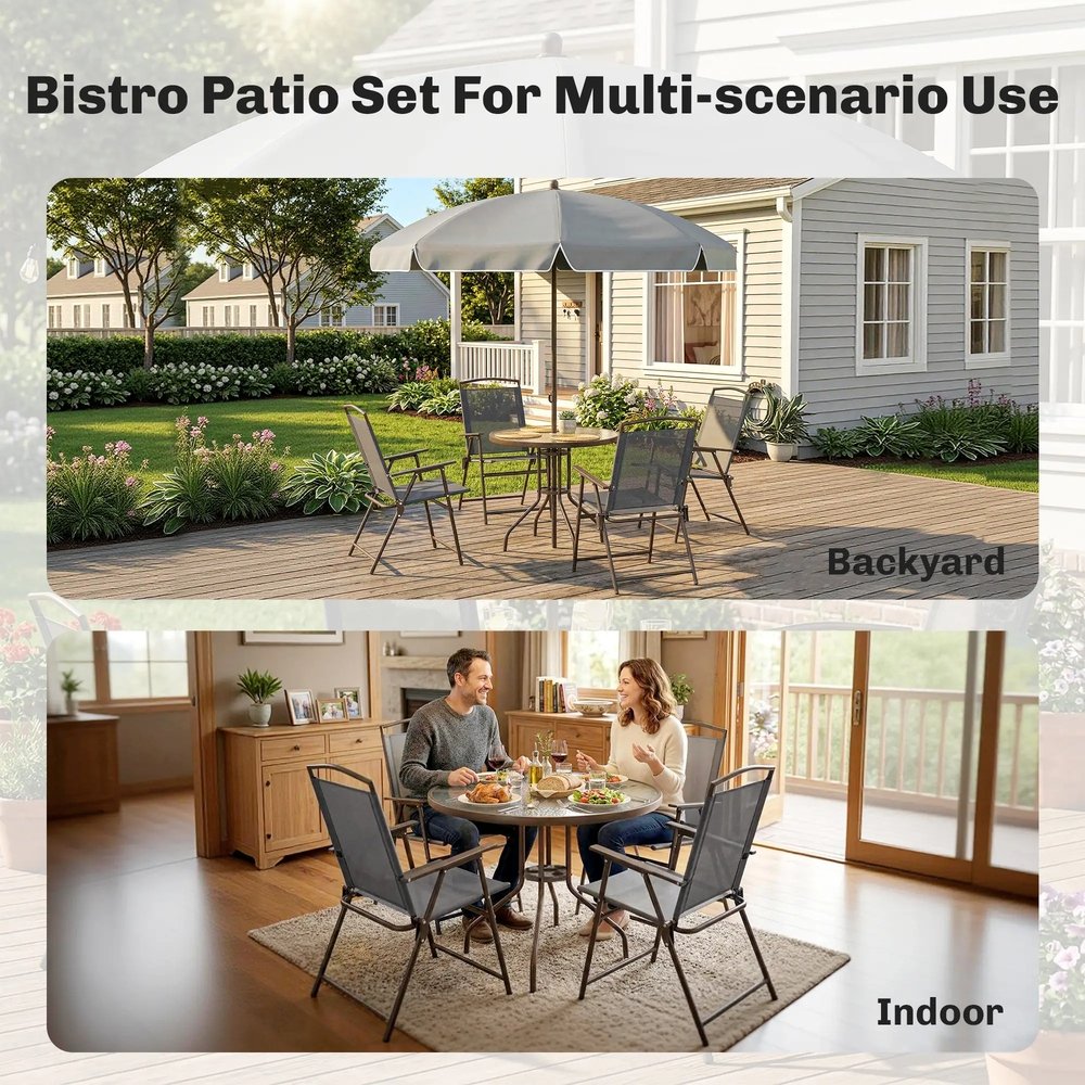 Outsunny 6 Piece Garden Dining Set with Umbrella, Patio Sets with Parasol, 4 Folding Dining Chairs, Dark Grey 6