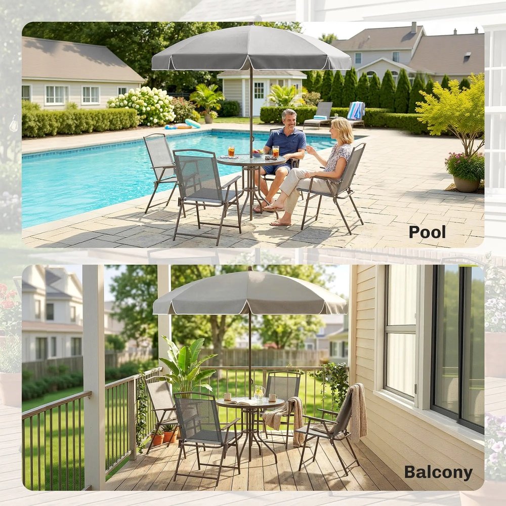 Outsunny 6 Piece Garden Dining Set with Umbrella, Patio Sets with Parasol, 4 Folding Dining Chairs, Dark Grey 7