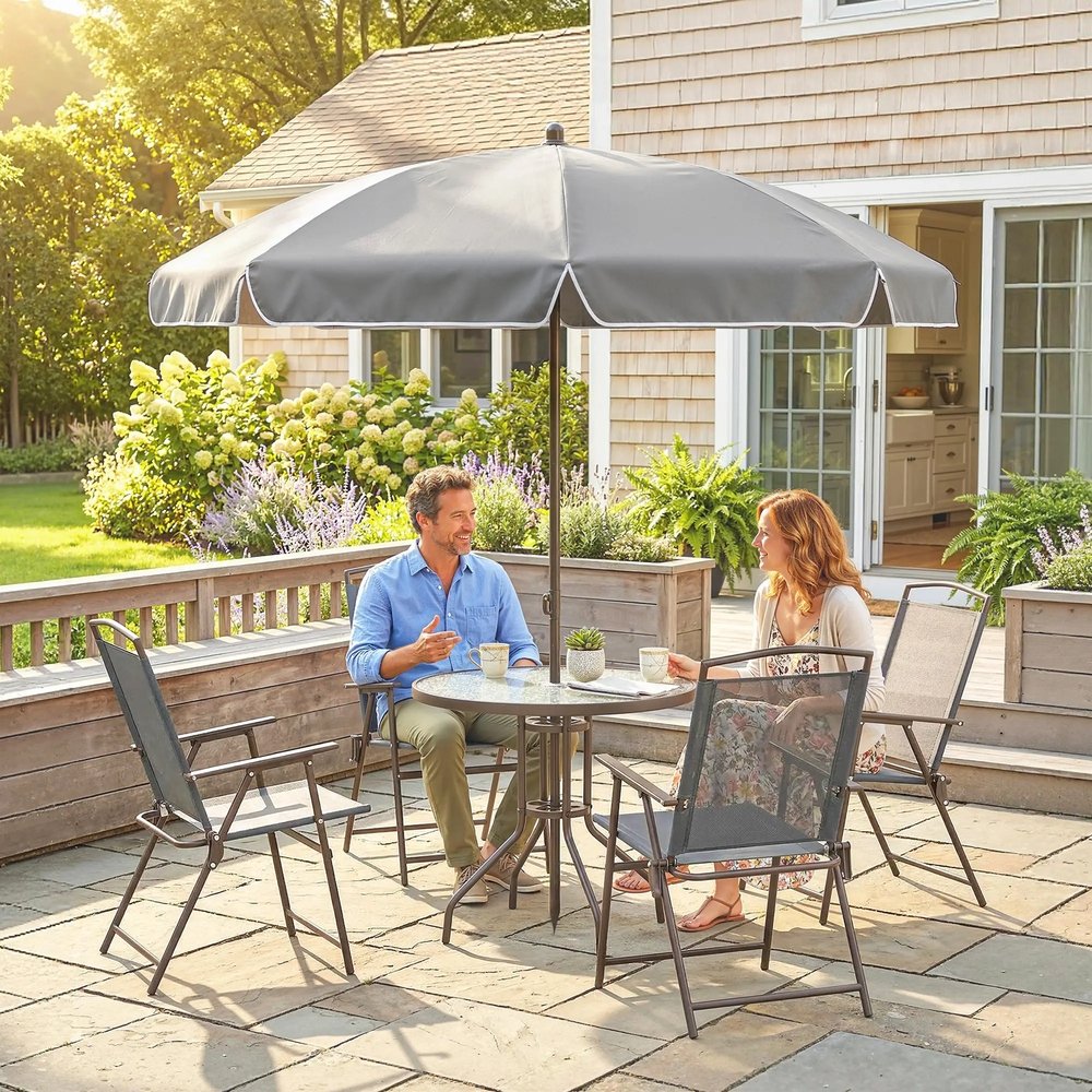 Outsunny 6 Piece Garden Dining Set with Umbrella, Patio Sets with Parasol, 4 Folding Dining Chairs, Dark Grey 8