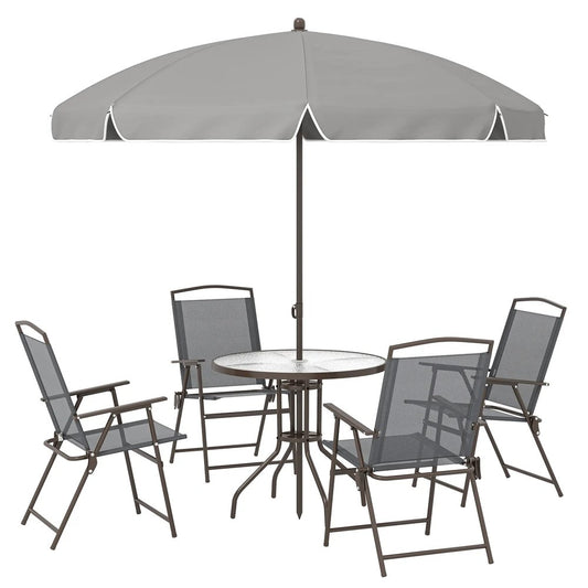 Outsunny 6 Piece Garden Dining Set with Umbrella, Patio Sets with Parasol, 4 Folding Dining Chairs, Dark Grey 