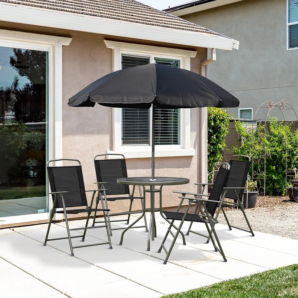 Outsunny 6 Piece Garden Dining Set with Umbrella, Patio Sets with Parasol with 4 Folding Dining Chairs, Black 11