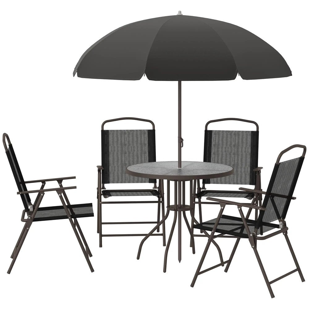 Outsunny 6 Piece Garden Dining Set with Umbrella, Patio Sets with Parasol with 4 Folding Dining Chairs, Black 12