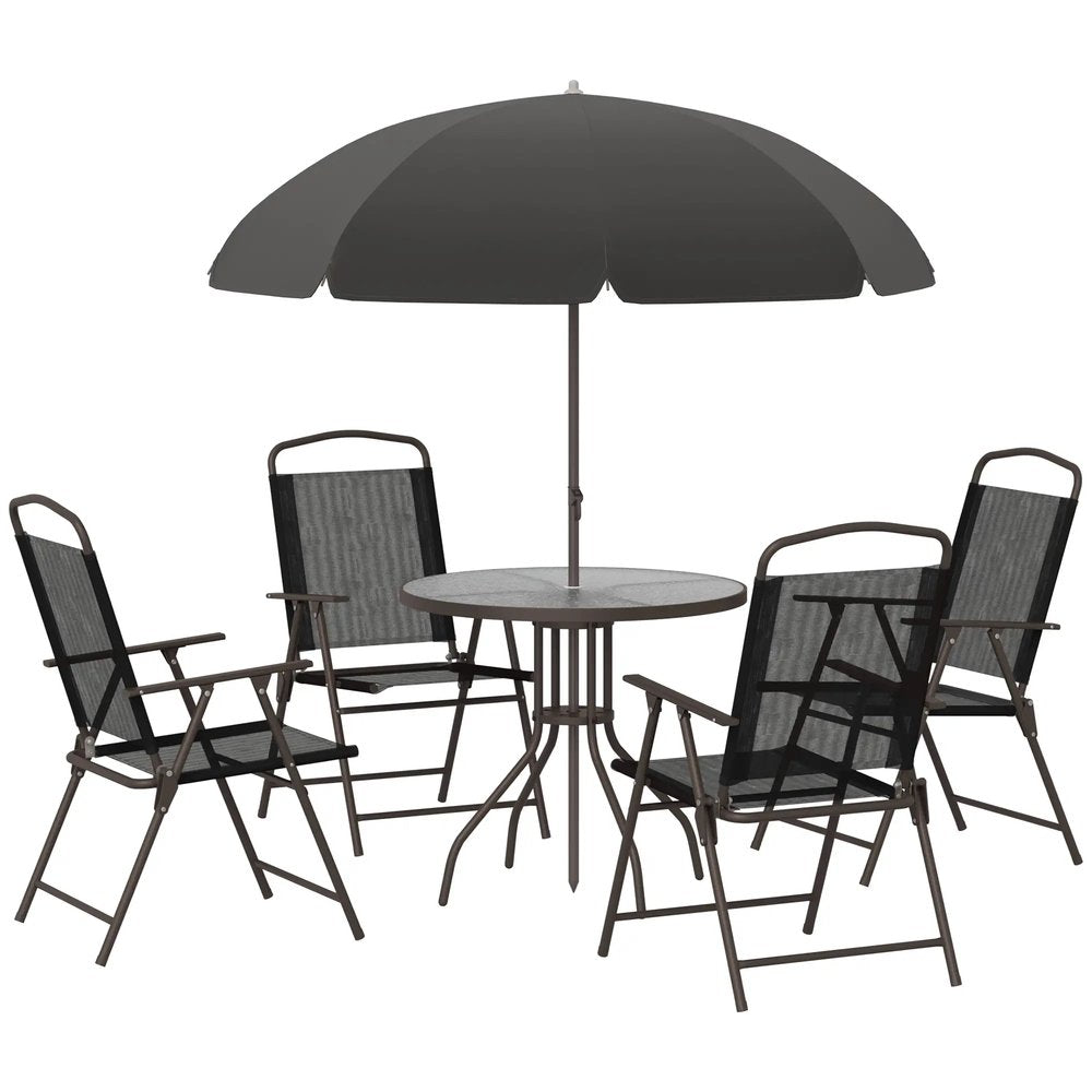 Outsunny 6 Piece Garden Dining Set with Umbrella, Patio Sets with Parasol with 4 Folding Dining Chairs, Black 