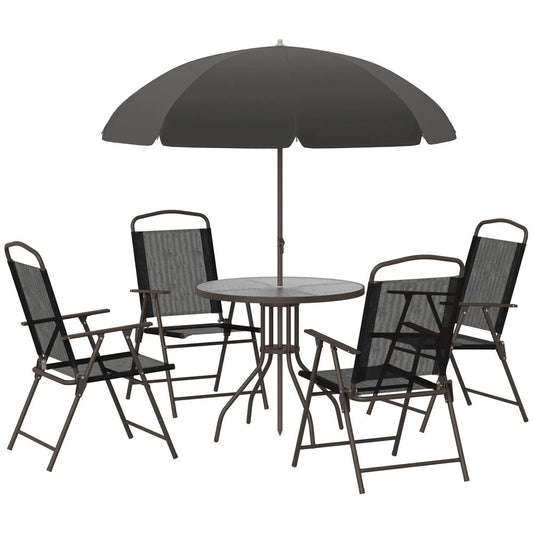 Outsunny 6 Piece Garden Dining Set with Umbrella, Patio Sets with Parasol with 4 Folding Dining Chairs, Black 