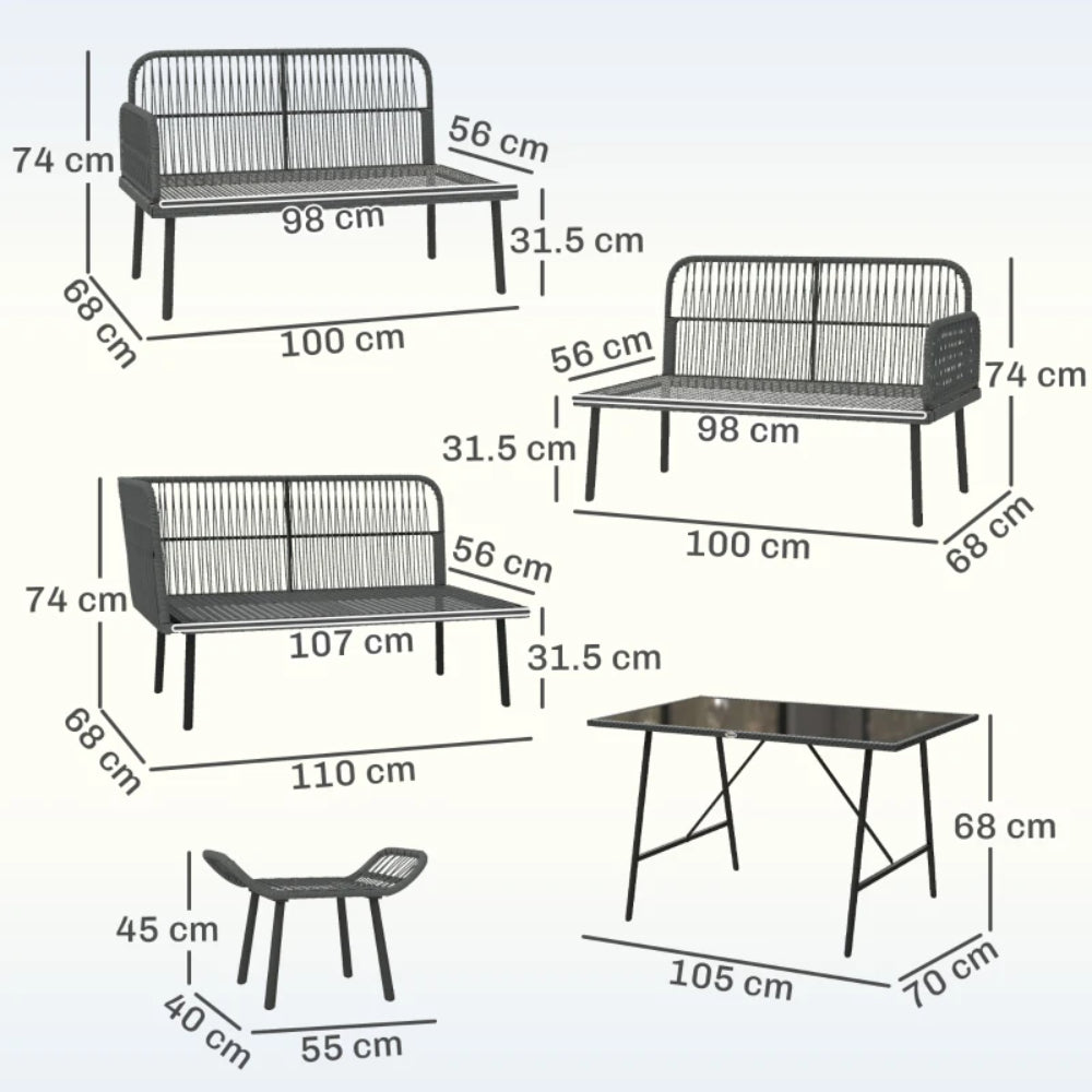 Outsunny 6 Piece Rattan Garden Furniture Set, 8 Seater Garden Corner Sofa with Cushions and Glass Top Table, Orange