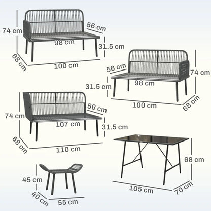 Outsunny 6 Piece Rattan Garden Furniture Set, 8 Seater Garden Corner Sofa with Cushions and Glass Top Table, Orange