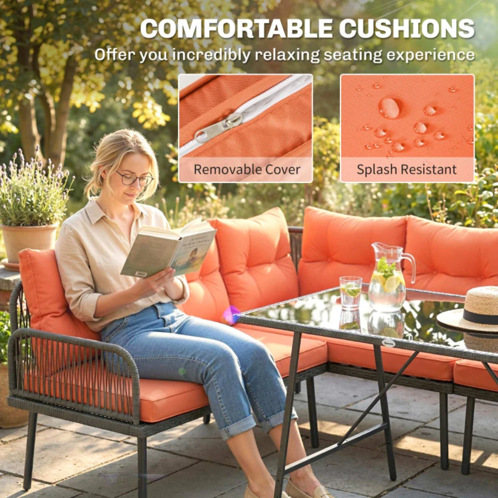 Outsunny 6 Piece Rattan Garden Furniture Set, 8 Seater Garden Corner Sofa with Cushions and Glass Top Table, Orange