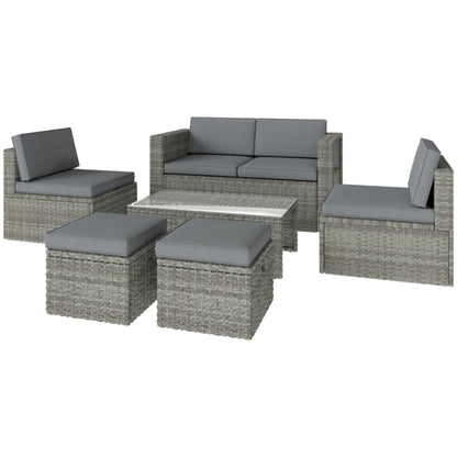 Outsunny 6 Piece Rattan Garden Furniture Set Loveseat, Chairs, Table, Footstools, Dark Grey