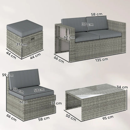 Outsunny 6 Piece Rattan Garden Furniture Set Loveseat, Chairs, Table, Footstools, Dark Grey