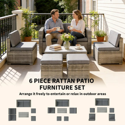 Outsunny 6 Piece Rattan Garden Furniture Set Loveseat, Chairs, Table, Footstools, Dark Grey