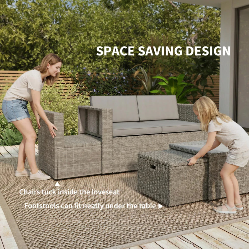 Outsunny 6 Piece Rattan Garden Furniture Set Loveseat, Chairs, Table, Footstools, Dark Grey