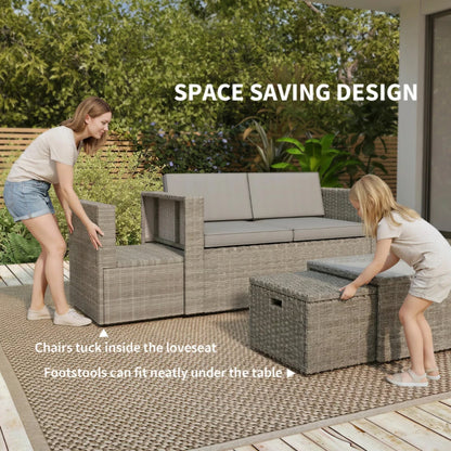 Outsunny 6 Piece Rattan Garden Furniture Set Loveseat, Chairs, Table, Footstools, Dark Grey
