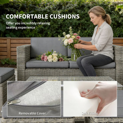 Outsunny 6 Piece Rattan Garden Furniture Set Loveseat, Chairs, Table, Footstools, Dark Grey