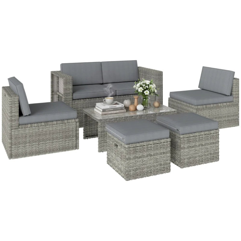 Outsunny 6 Piece Rattan Garden Furniture Set Loveseat, Chairs, Table, Footstools, Dark Grey